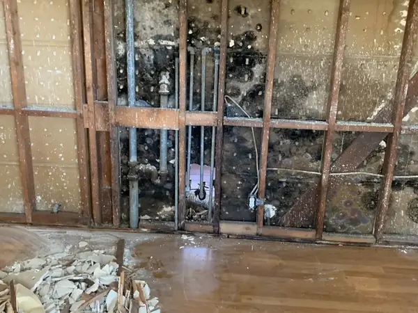 Room opened to the studs with wet debris on the floor