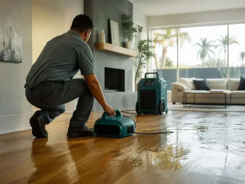 Technician setting a dehumidifier on a wet hardwood floor in a bright Santa Monica living room