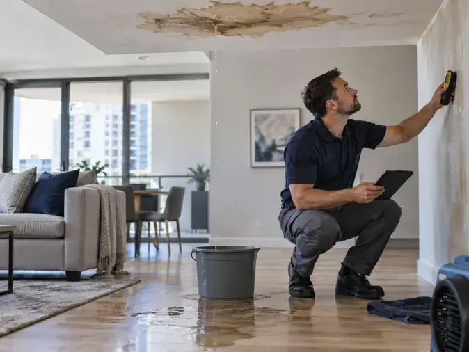 Water-stained ceiling below an upstairs unit in a Santa Monica apartment building
