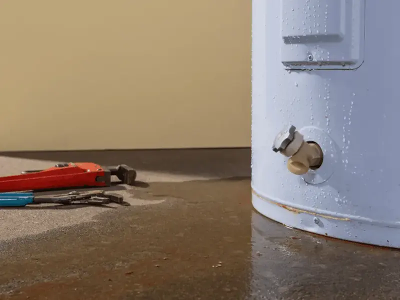 Water heater standing in a puddle on a wet floor with a pipe wrench nearby